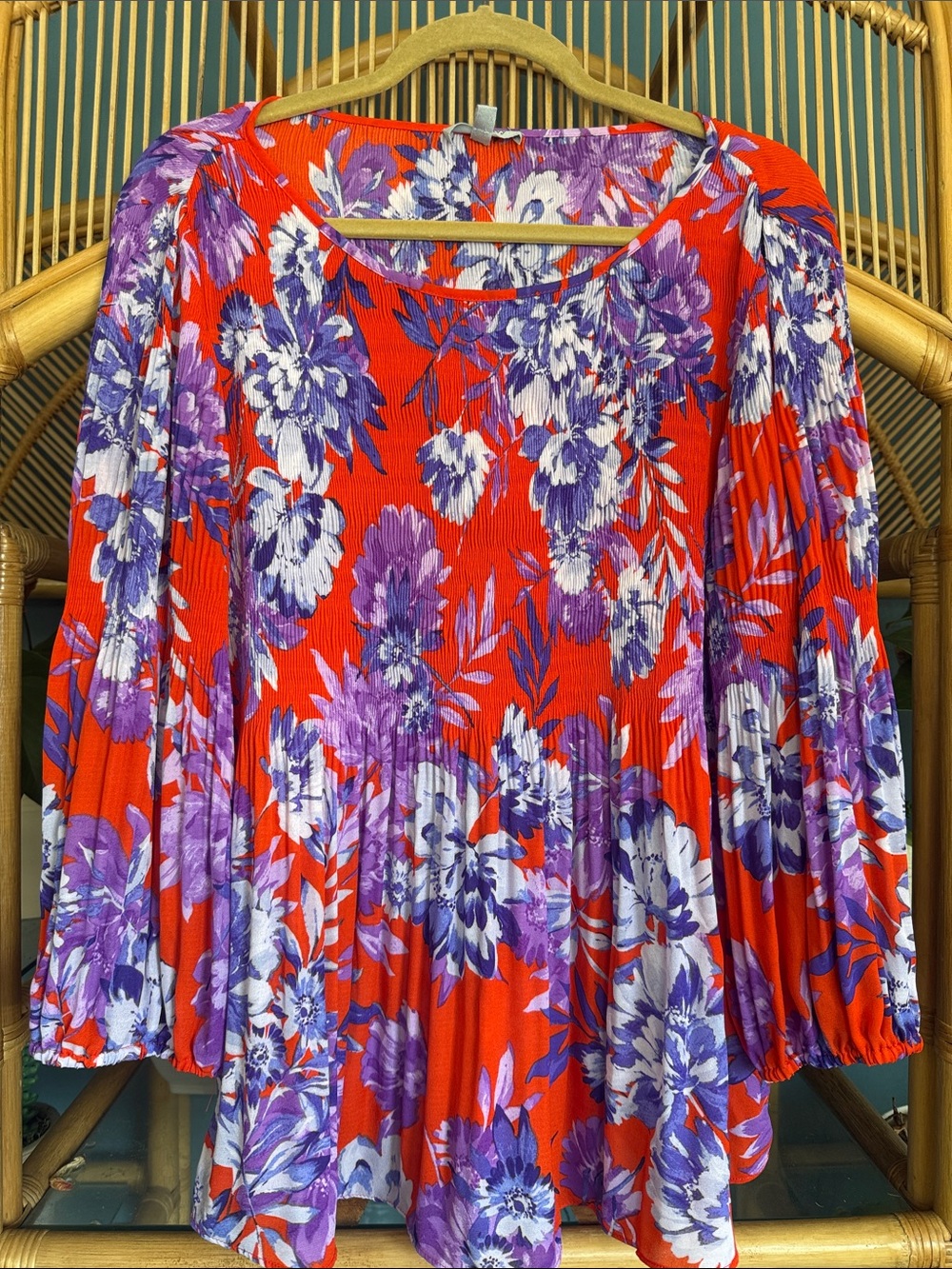 Floral & ivy Vibrant Red Floral Swing Tunic with Purple & White Blooms
